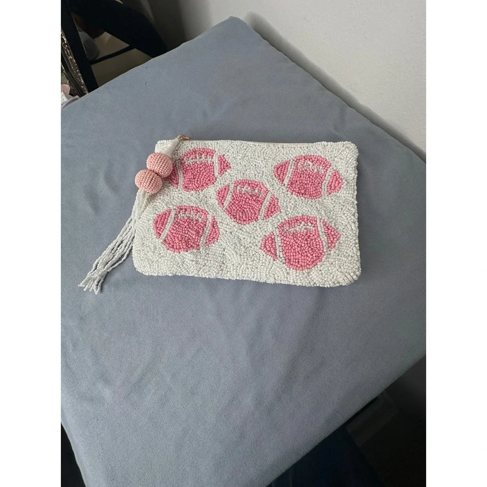 Pink Football Hand Beaded Clutch Bag White Game Day Tassel Zip Pouch